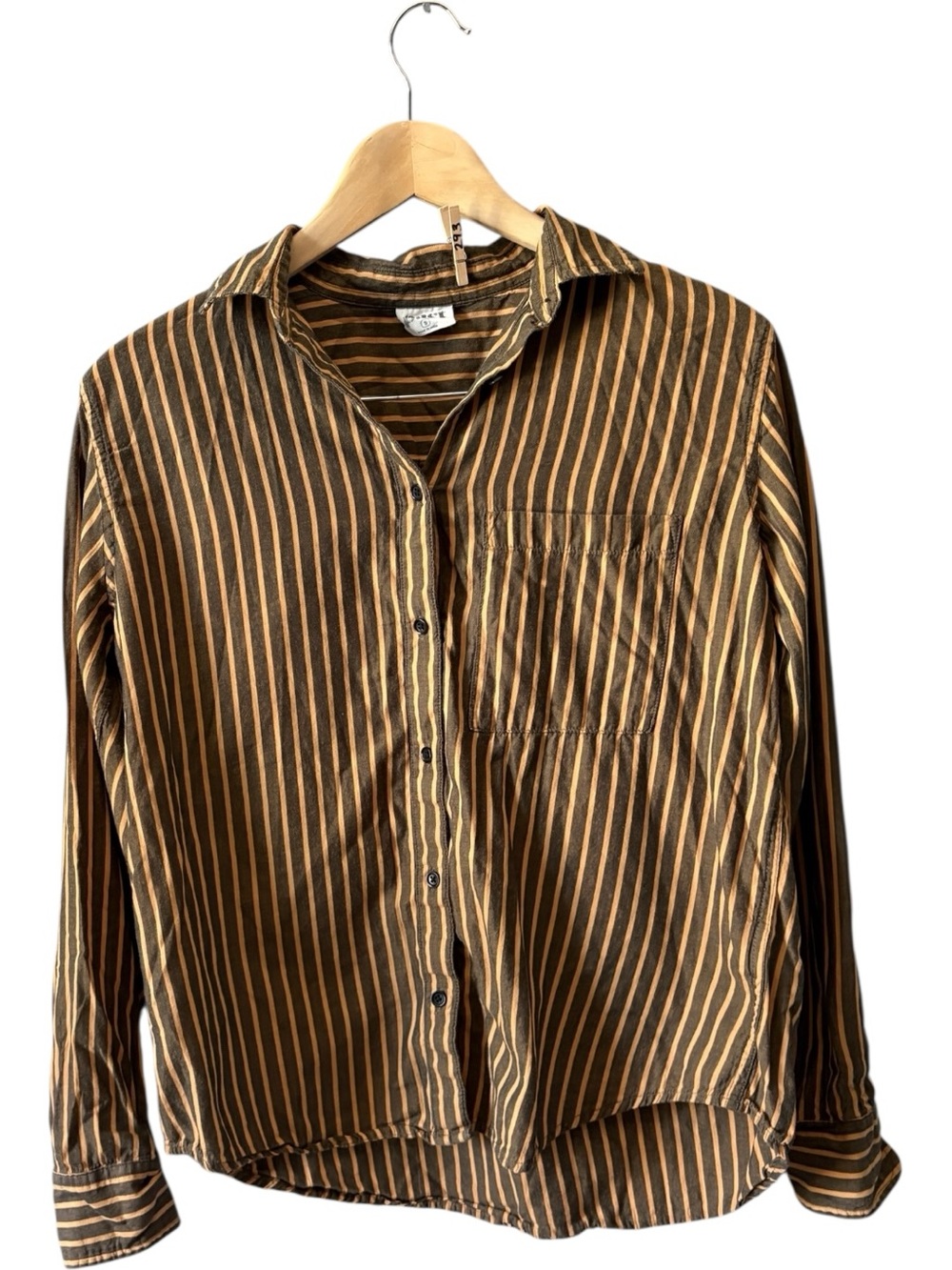 PACT Organic Cotton Brown Tan Striped Button Down Shirt Small Sustainable
